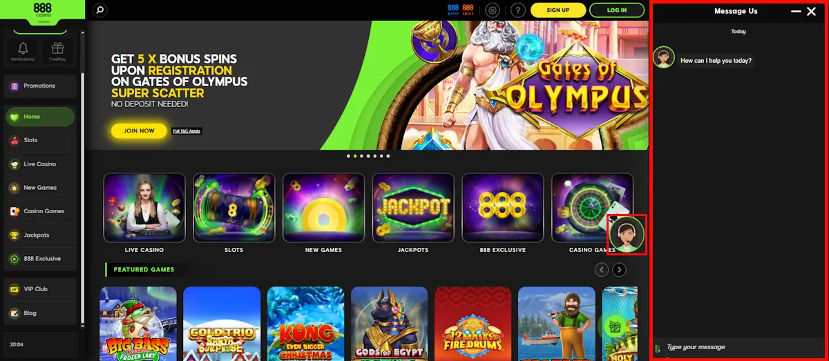 888 Casino Live Chat Screenshot